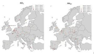 Les cartes montrent les villes d'Europe qui ont les niveaux les plus élevés de pollution par le dioxyde d'azote (à gauche) et les particules fines (à droite)