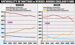 Ces graphiques, basés sur les données sur la main-d'œuvre du NHS, montrent la proportion de médecins et d'infirmières rejoignant le NHS en Angleterre en fonction de leur lieu de formation initial.  Dans les deux professions, le nombre de menuisiers formés au Royaume-Uni a diminué au fil du temps (lignes rouges) tandis que le nombre de professionnels formés en dehors de l'UE a augmenté (lignes jaunes).  La proportion de professionnels de l'UE rejoignant le NHS a diminué au fil du temps, plongeant fortement dans les années qui ont suivi le vote du Brexit en 2016