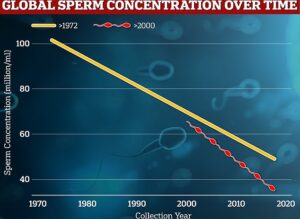 Le graphique montre : Le taux de concentration de spermatozoïdes diminue à l'échelle mondiale à partir d'échantillons prélevés de 1972 à 2000 (orange) et depuis 2000 (rouge)
